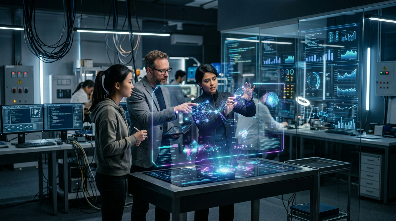 Three researchers working with holographic AI cognition and neural network visualizations