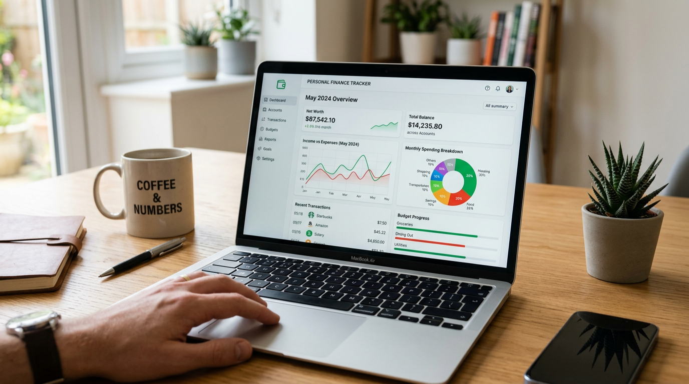 Laptop screen showing personal finance tracker dashboard with net worth, total balance, income vs expenses graph, spending breakdown pie chart, recent transactions, and budget progress