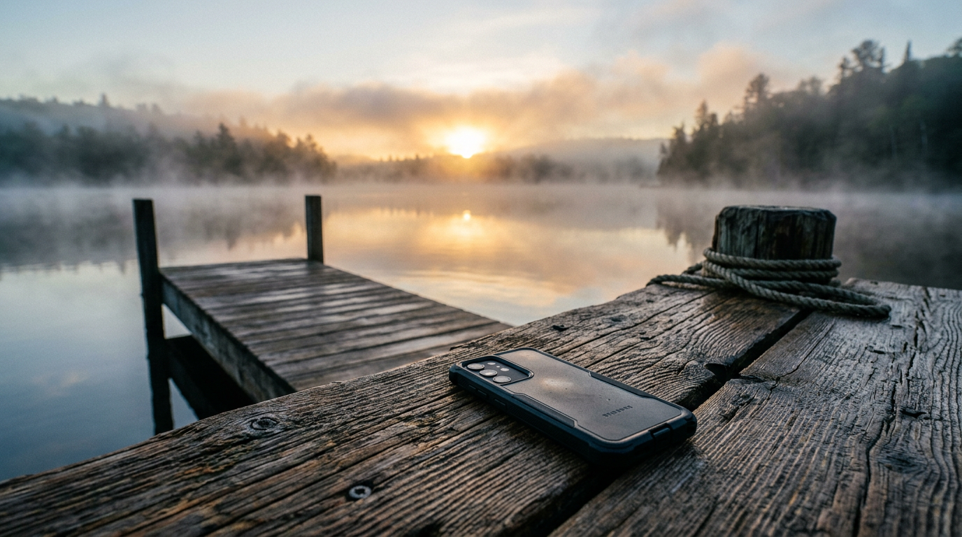 Smartphone on wooden dock by misty lake at sunrise